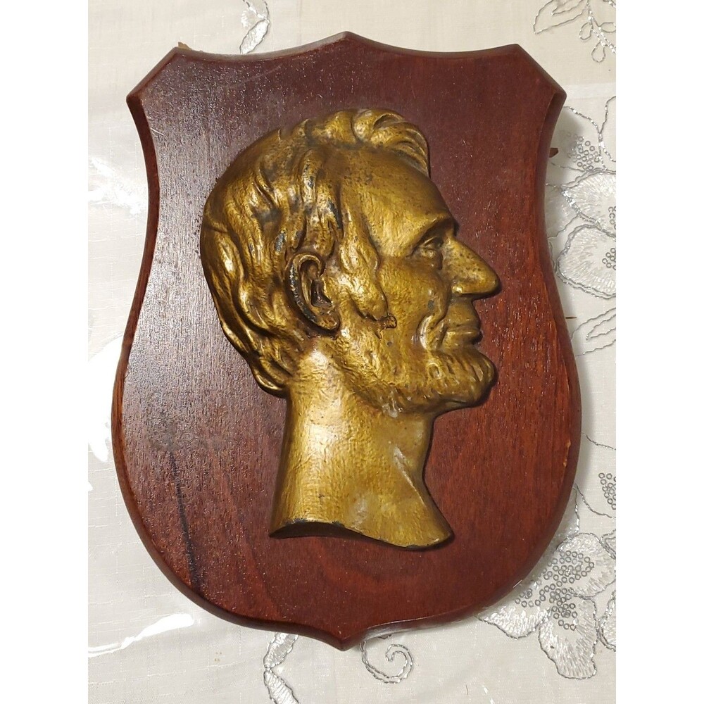 Vintage Abraham Lincoln Metal Aluminum Bust On Wood Plaque Wall Hanging